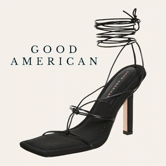 NEW IN BOX GOOD AMERICAN CAGED SLANTED SANDALS BLACK IN COLOR SIZE 9 SQUARED TOE - Picture 1 of 8